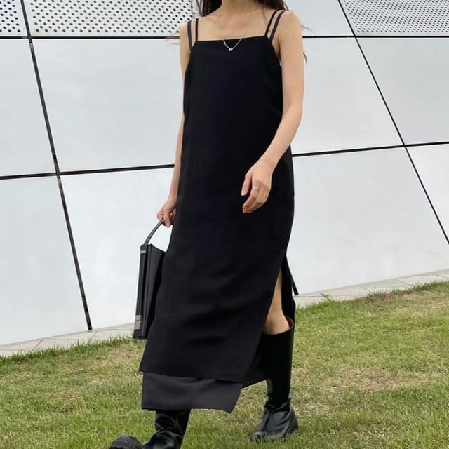 Coris-Mock Two-Piece Spaghetti Strap Plain Slit Midi Shift Dress
