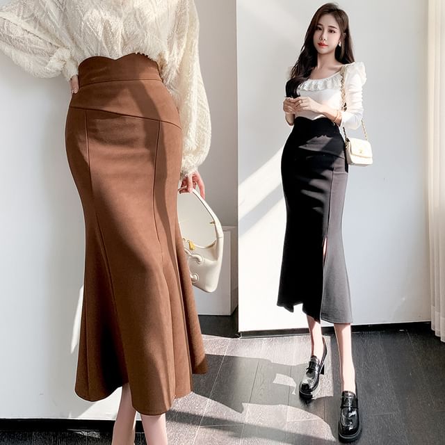 Lewwe-High Rise Plain Midi Fishtail Skirt
