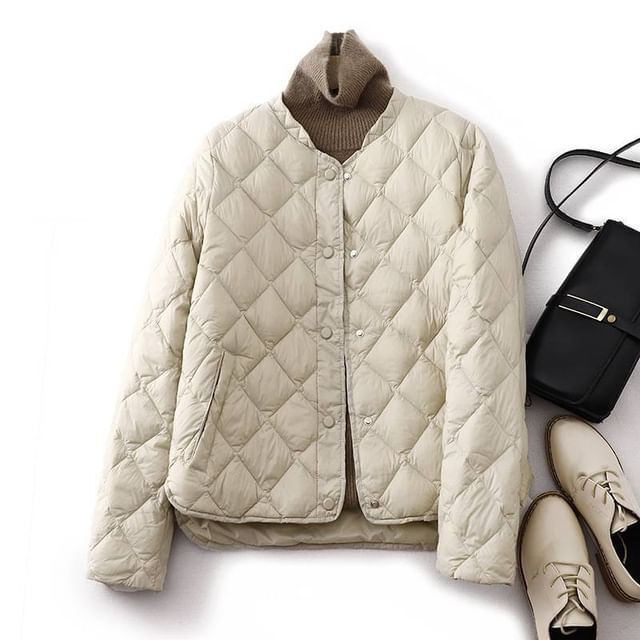 Lewwe-Collarless Quilted Button Jacket