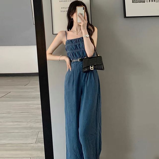 Inchioh Set: Spaghetti Strap Washed Shirred Wide Leg Denim