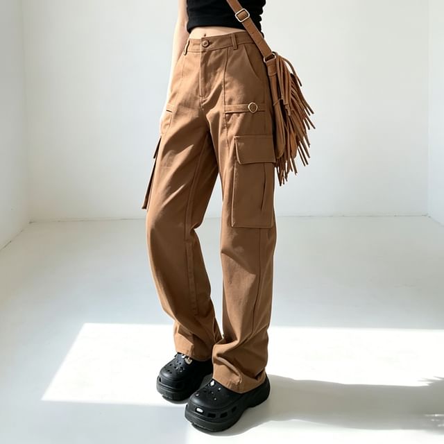 Coline-Mid Rise Plain Loose Fit Cargo Jeans