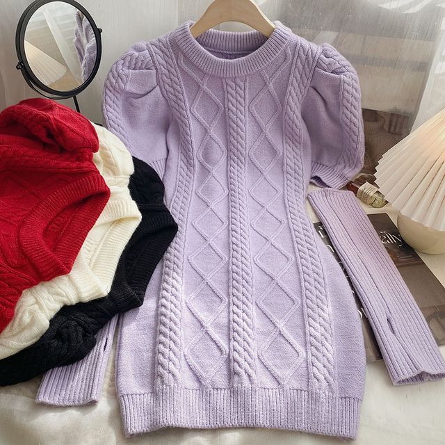 DIYI Round Neck Plain CableKnit Dress With Arm Sleeves YesStyle