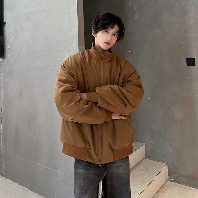 Orungeetun-Stand Collar Plain Zip-Up Bomber Jacket