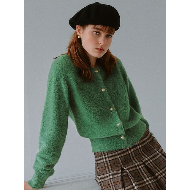 rolarola - Crew-Neck Furry Knit Cardigan (Green) | YesStyle