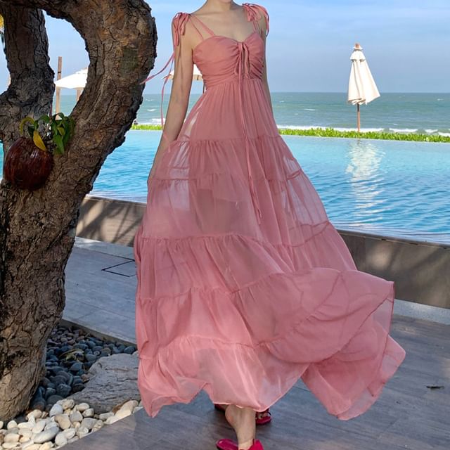 Spaghetti Strap Corset Flowing Ruffle Back Maxi Dress Peach