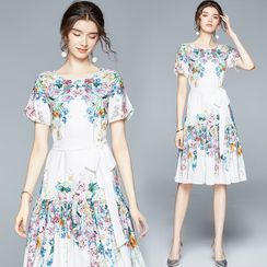 Justina - Short-Sleeve Print Tie-Waist Dress
