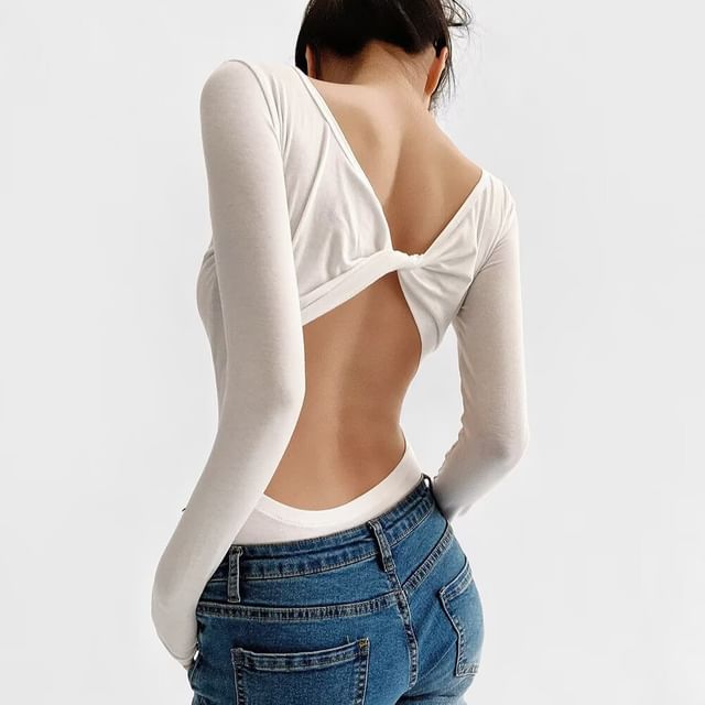 Asiris-Long Sleeve Crew Neck Plain Twist Back Bodysuit Top