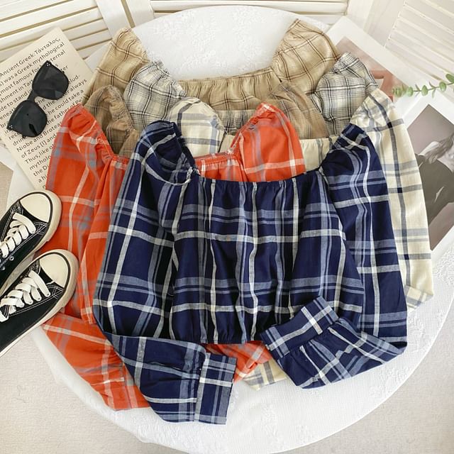 Iasia-Long-Sleeve Square Neck Plaid Crop Blouse