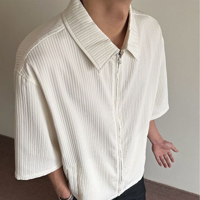 Drawouf-34-Sleeve Zip-Up Plain Shirt