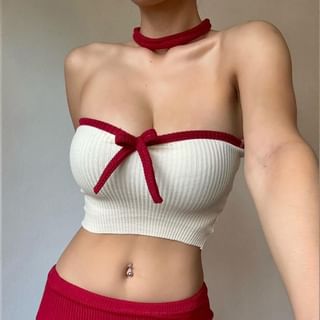 Honet Bow Accent Contrast Trim Knitted Tube Top