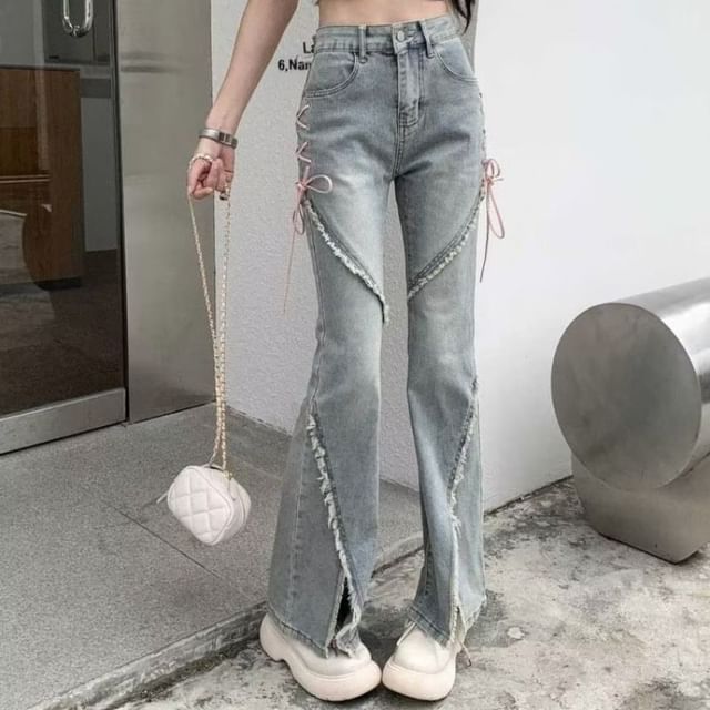 monroll-High Waist Frayed Flared Jeans