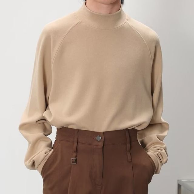 Nightbell-Long-Sleeve Mock Neck Plain T-Shirt