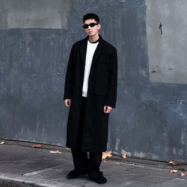 DragonRoad-Plain Midi Single-Breasted Coat