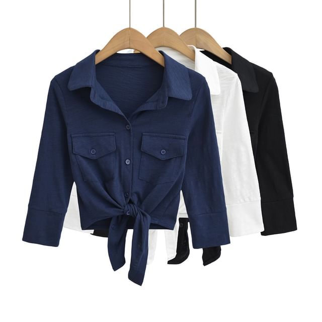 Asiris-34-Sleeve Collared Plain Crop Button Shirt