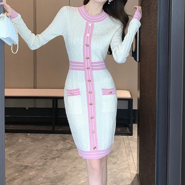 Yilda-Long Sleeve Round Neck Contrast Trim Button Up Mini Bodycon Dress