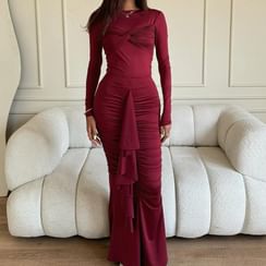 wedding dresses with one long sleeve A-Line One-shoulder Satin Wedding Dress Simple Elegant Adorable Beach  Summer With Open Back And Long Sleeves And Ruching-716778