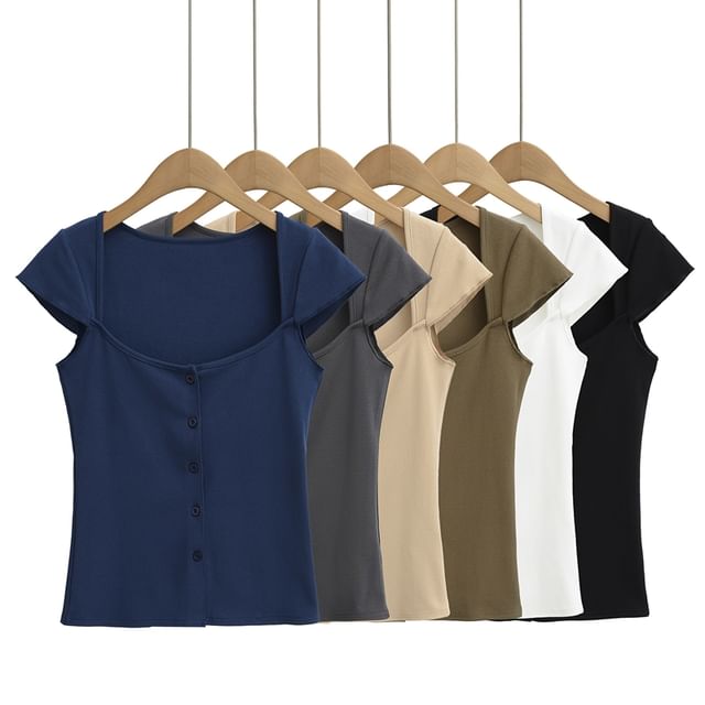 Ulark-Cap-Sleeve Square Neck Plain Button-Up Tee