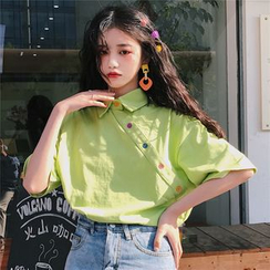 Smiler - Colored Button Elbow-Sleeve Polo Shirt Smiler - Colored Button Elbow-Sleeve Polo Shirt