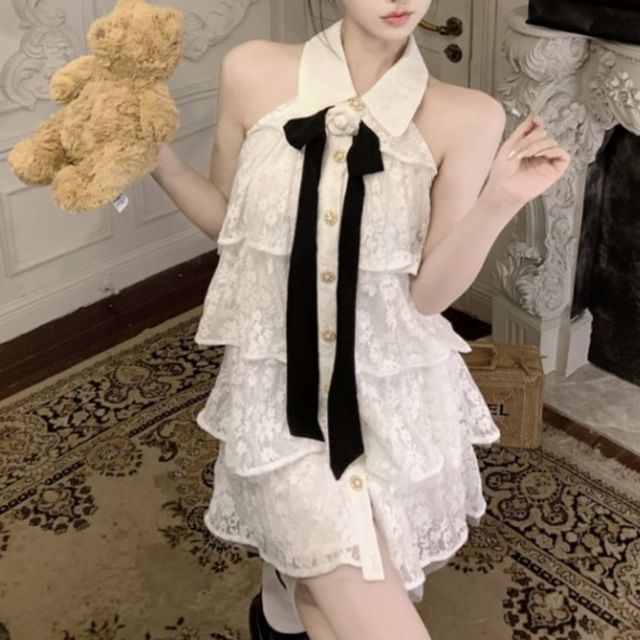 Letme - Halter Neck Collared Bow Accent Tiered Button-Up Lace Mini A-Line  Dress | YesStyle