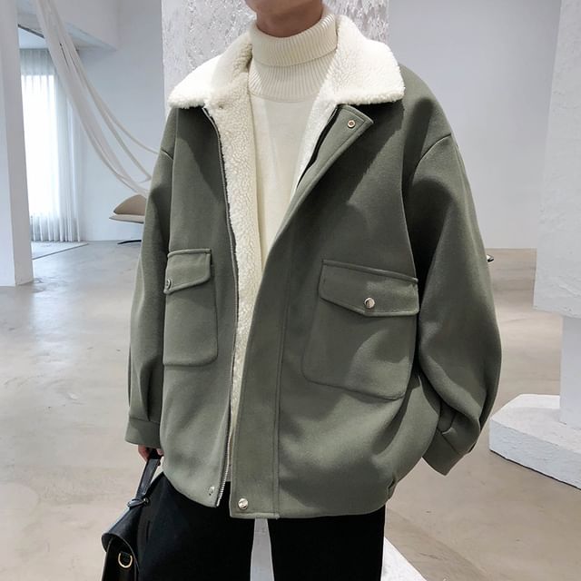 Wescosso-Plain Pocket Detail Faux Shearling Zip Jacket
