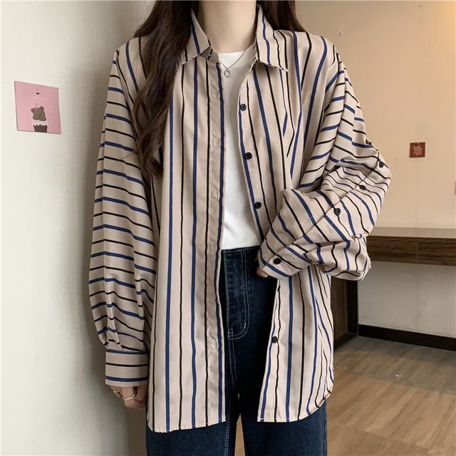 Oversized Striped Button Down Shirt Outfit Yupina Long-Sleeve