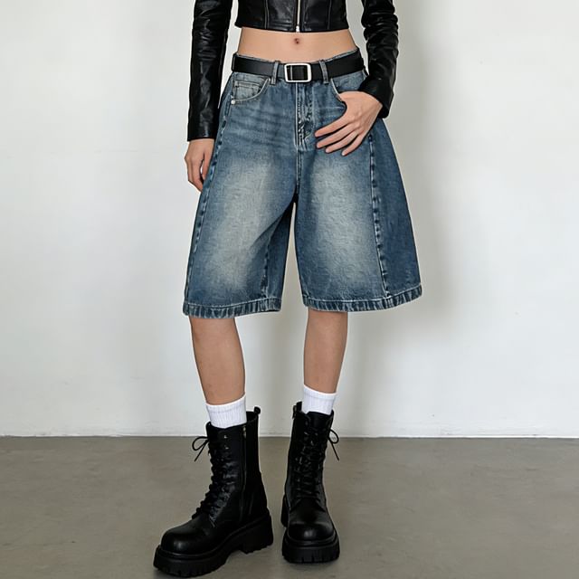 Denimot-Low Rise Washed Wide Leg Jorts