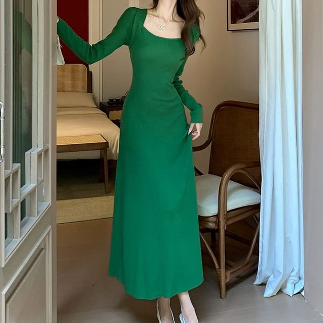 Aurora - Long-Sleeve Square Neck Plain Knit Maxi A-Line Dress | YesStyle Aurora - Long-Sleeve Square Neck Plain Knit Maxi A-Line Dress | YesStyle