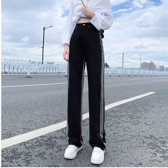 Everose-Striped High-Waist Straight-Leg Jeans