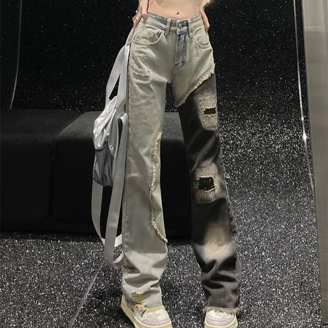 Malnia Home-Mid Waist Washed Panel Bootcut Jeans
