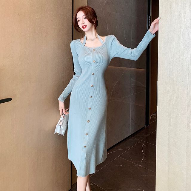 Maine - Long-Sleeve Halter Neck Plain Button Ribbed Knit Midi A-Line Dress  | YesStyle