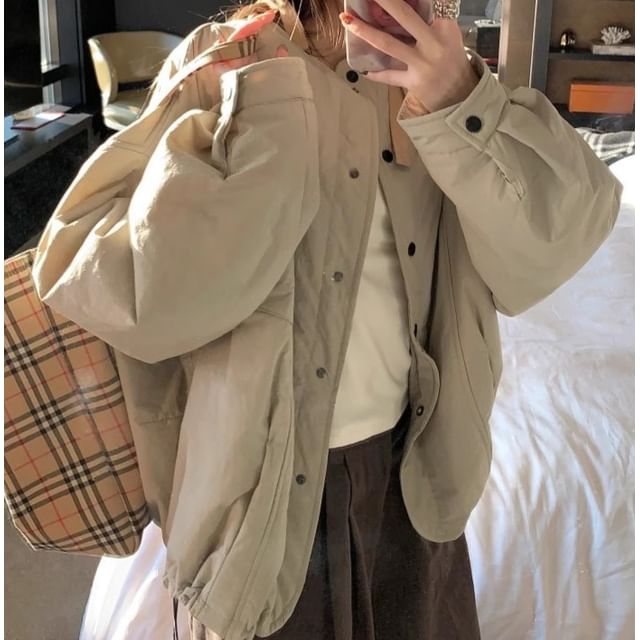 Trendycas-Crew Neck Plain Drawstring Hem Button-Up Jacket