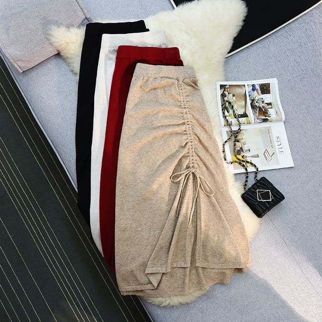 Juuri-High Waist Drawstring Knitted Midi A-Line Skirt