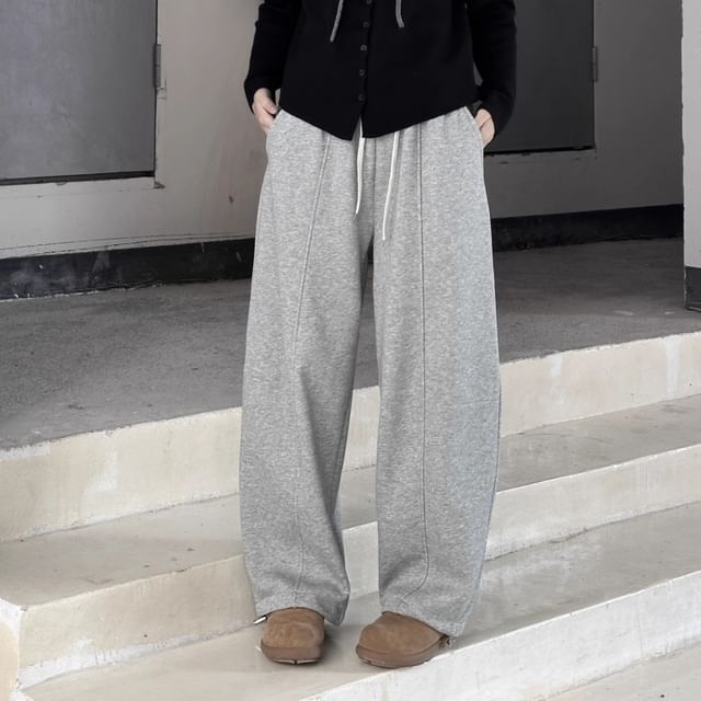 SIMPLE BLACK-Drawstring Waist Plain Baggy Sweatpants