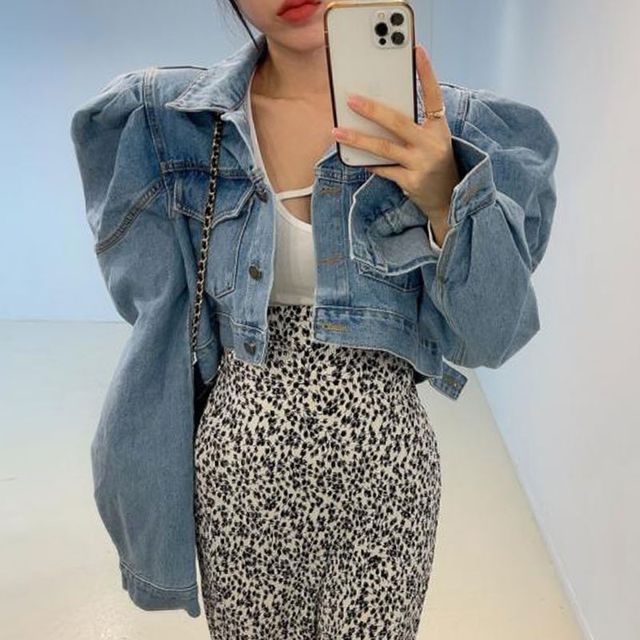 Coris-Padded Shoulder Washed Denim Crop Jacket