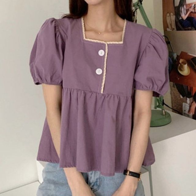 Yako-Puff-Sleeve Plain Lace Trim Peplum Blouse