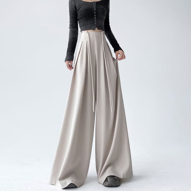 Magimomo-High Waist Plain Wide Leg Slacks