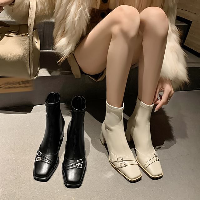 Anran-Square Toe Buckled Chunky Heel Short Boots