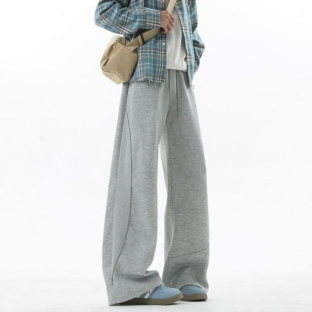 Bay Go Mall-Drawstring Waist Plain Panel Wide Leg Sweatpants