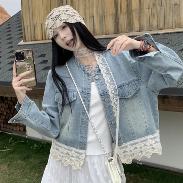 Duwnie-Lace Trim Button-Up Denim Jacket