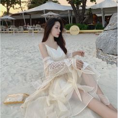 Yuxi - Spaghetti Strap Midi Shift Dress / Flower Print Open Front Long Light Jacket Yuxi - Spaghetti Strap Midi Shift Dress / Flower Print Open Front Long Light Jacket