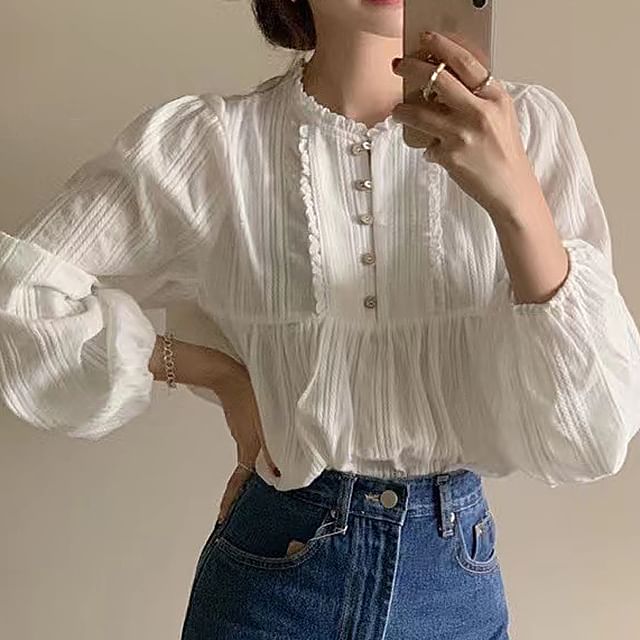 innomori-Long Sleeve Ruffle Neck Plain Pleated Button Up Blouse