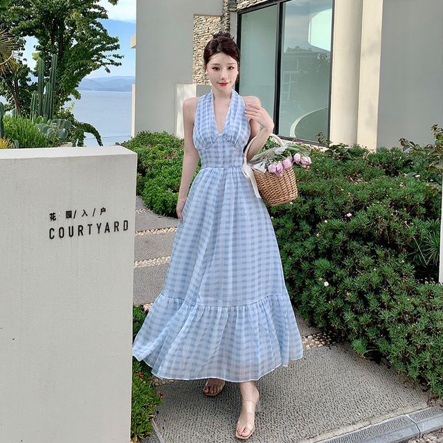 Pensacola - Halter Gingham Maxi A-Line Dress