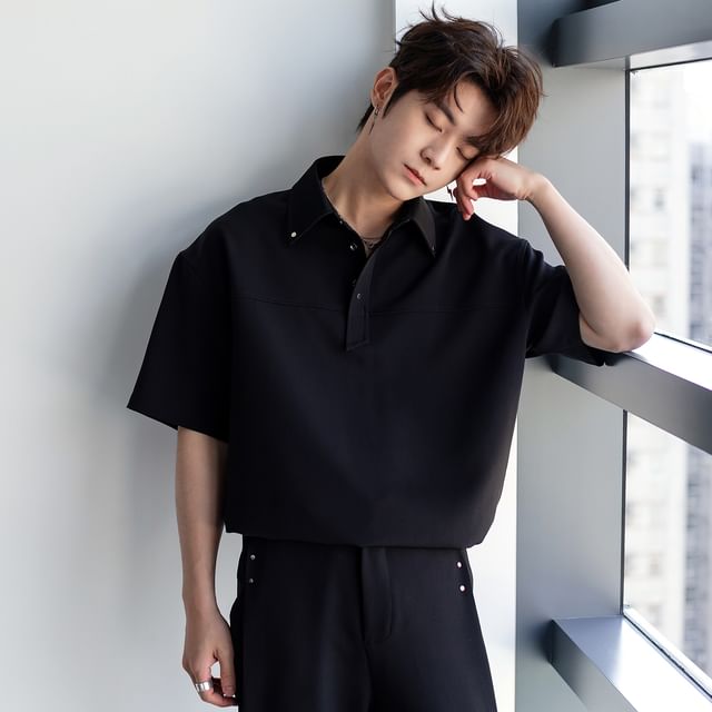 CHIC ERRO-Short-Sleeve Plain Polo Shirt