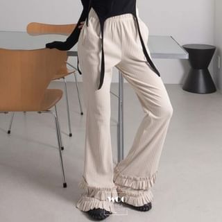 PINPI-Elastic Waist Plain Ruffle Trim Ribbed Flared Pants