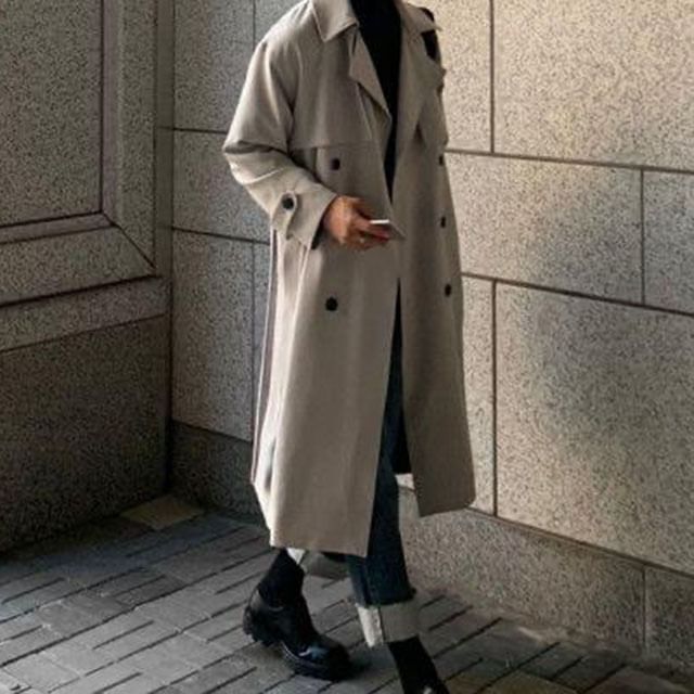 Adothuiastic-Lapel Collar Plain Tie Waist Double-Breasted Long Trench Coat
