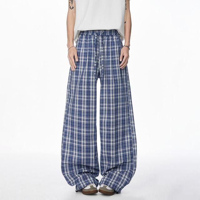 Koiyua-Drawstring Waist Plaid Wide Leg Pants