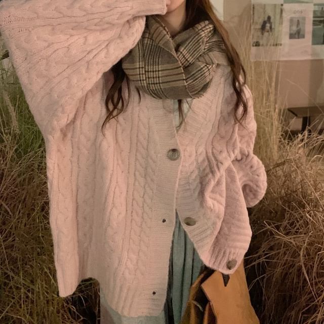 Shinsei-V-Neck Plain Cable Knit Cardigan