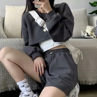 CRIBI Set: Round Neck Plain Crop Pullover + Drawstring Waist Sweat Shorts Sale