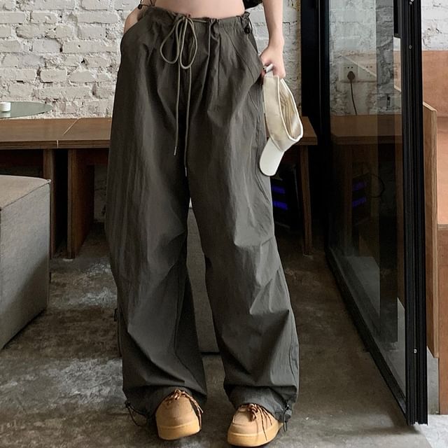 【2plan】Tube parachute string wide slacks 2DAWGS - Drawstring Waist Plain Wide Leg Parachute Pants