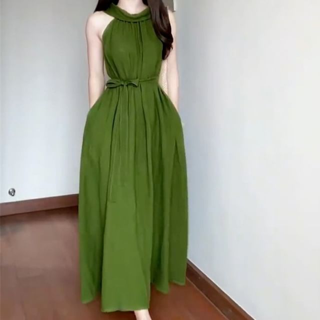 Lucuna-Sleeveless Halter Plain Sashed Midi A-Line Dress